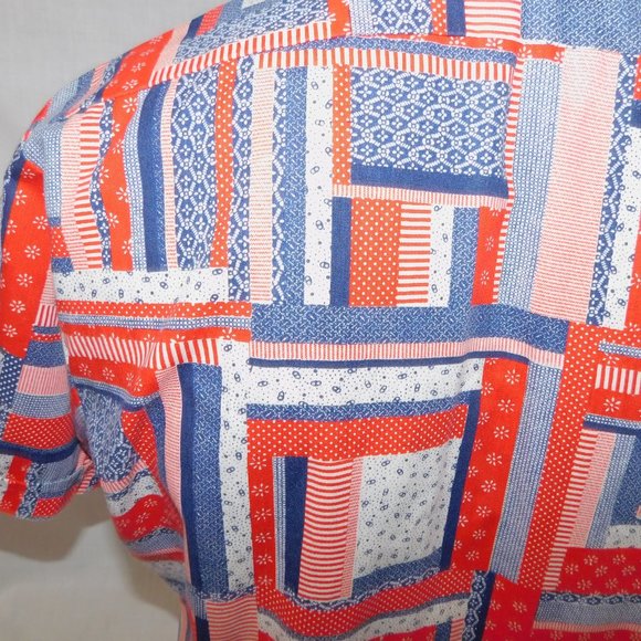 VTG Doug's Leisure Wear Mens L Red white blue Patchwork Look Button front Shirt - Picture 11 of 11